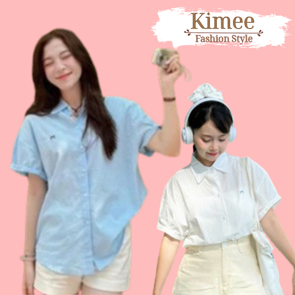 Áo sơ mi tay ngắn thêu nơ trước ngực thời trang mùa hè áo sơ mi form rộng chất kate phong cách Hàn Q