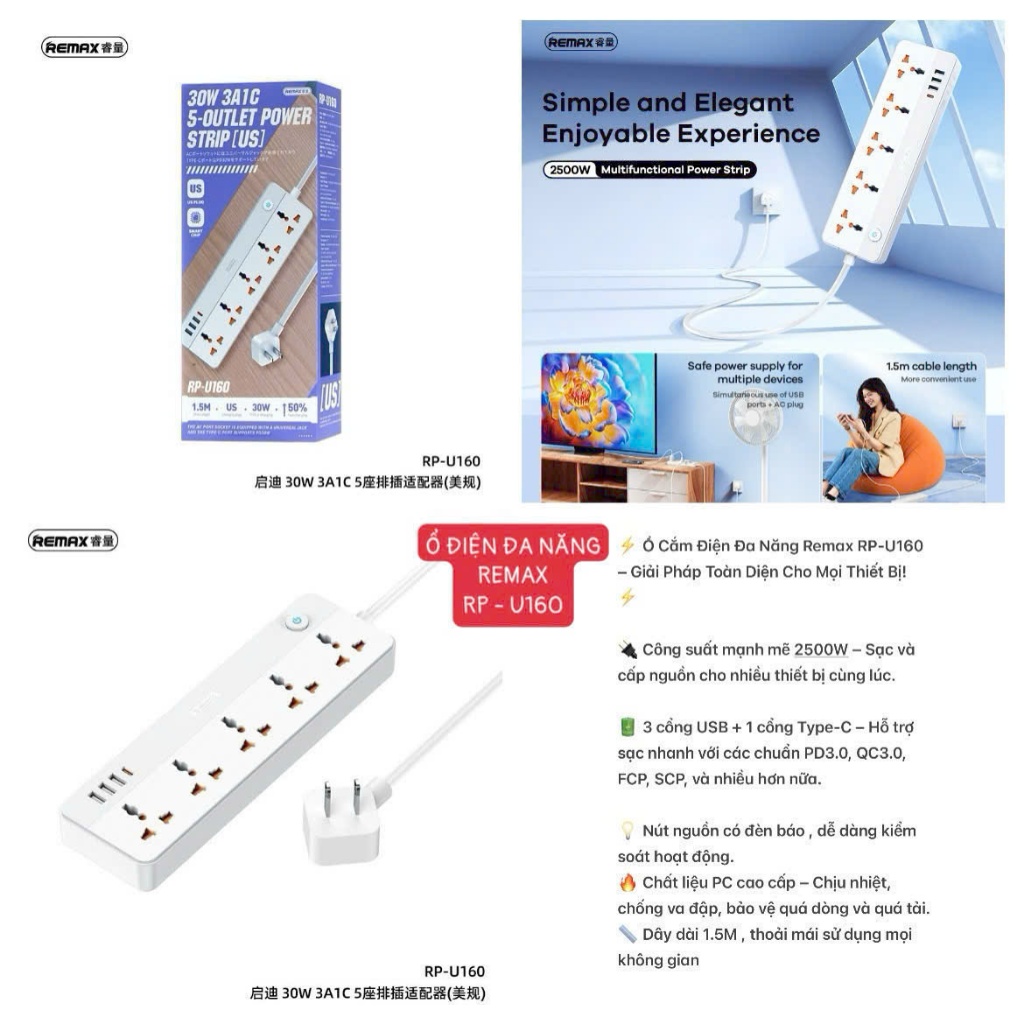 Ổ cắm điện dây dài 1m5 công suất 2500W 3A+1C+5 30W REMAX RP-U160