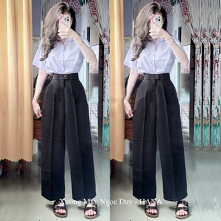  Quần tây ống rộng đi học nữ m50 m55 m60 m65 1 nút cài lệch có đai thắt lưng dáng quần ống rộng nữ cạp cao vải mềm dày 