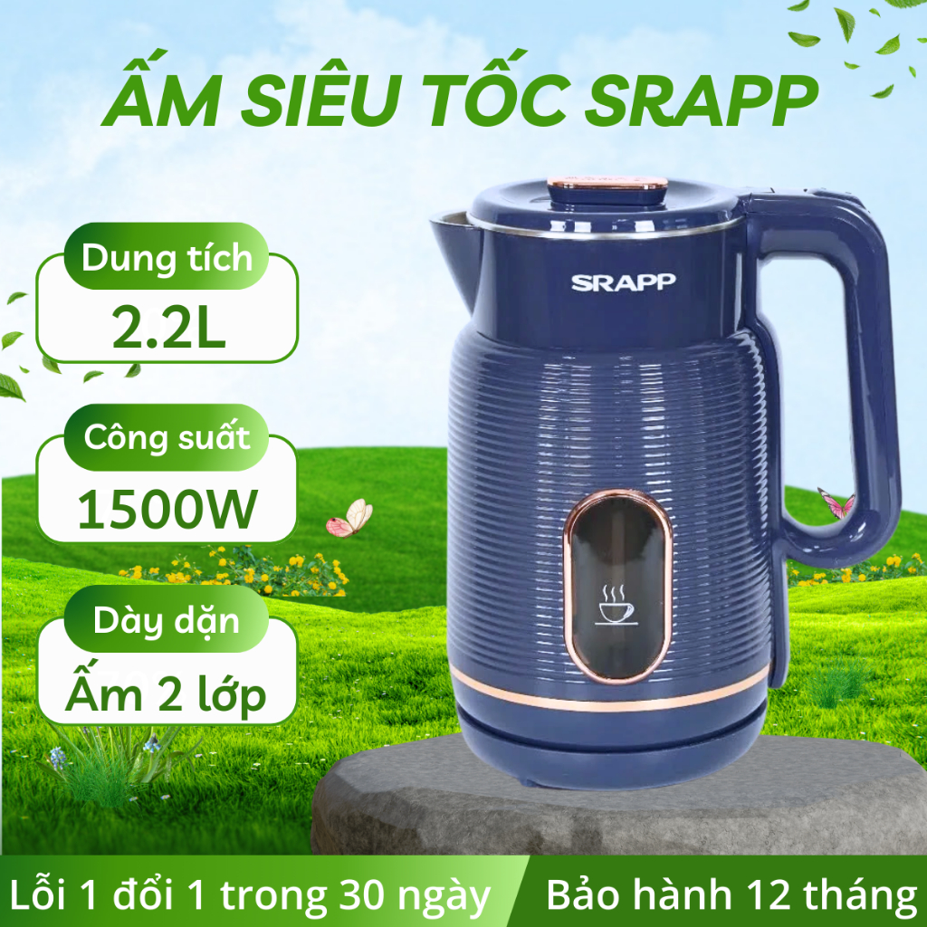 Ấm siêu tốc SRAPP-ST255 dung tích 2.2L, bình đun nước công suất lớn 1500W thân chống bỏng BH 12T