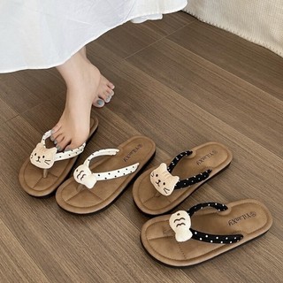  Dép Tông Nữ Xỏ Ngón Sticker Mèo Cá Chấm Bi Đế Phẳng Mềm Êm Chân Đi Biển 