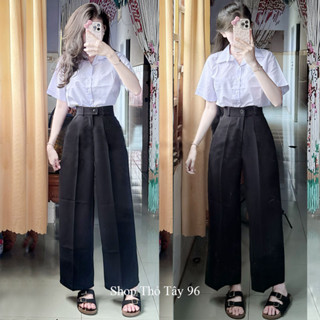  Quần ống rộng đi học làm công sở nữ m50 m55 m60 m65 1 nút cài lệch có đai thắt lưng dáng quần ống suông nữ cạp cao 