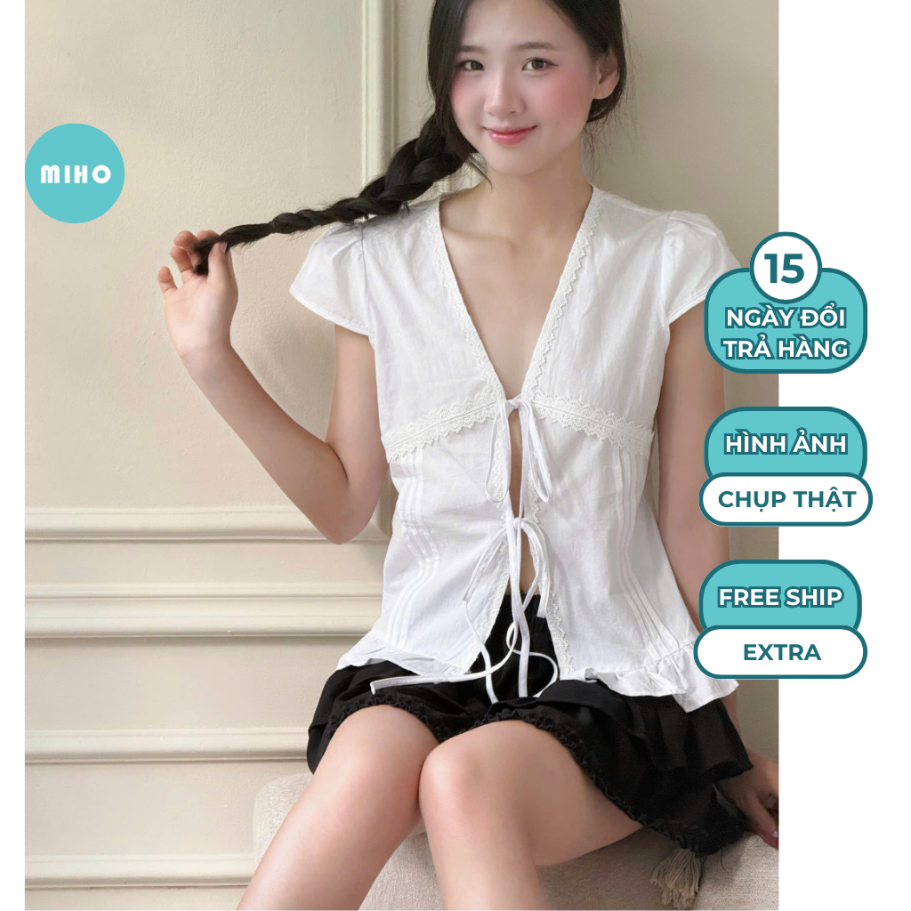 Áo kiểu xẻ dây buộc dáng vừa Miho House
