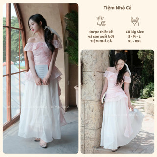  Set váy hồng nữ bánh bèo tiểu thư trễ vai chân váy dài mặc đi biển đi tiệc cafe sinh nhật  Clara Set  Tiệm Nhà Cá 