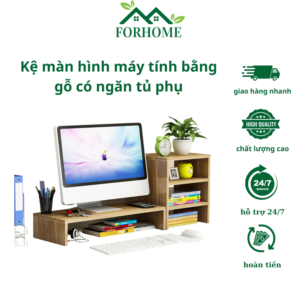 Kệ màn hình máy tính 2 tầng có ngăn tủ phụ bên cạnh bằng gỗ MDF chống mối mọt | BigBuy360 - bigbuy360.vn