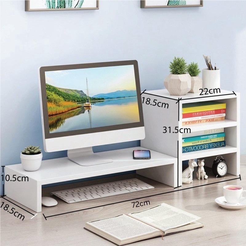 Kệ màn hình máy tính 2 tầng có ngăn tủ phụ bên cạnh bằng gỗ MDF chống mối mọt | BigBuy360 - bigbuy360.vn