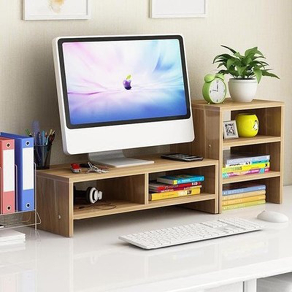 Kệ màn hình máy tính 2 tầng có ngăn tủ phụ bên cạnh bằng gỗ MDF chống mối mọt | BigBuy360 - bigbuy360.vn