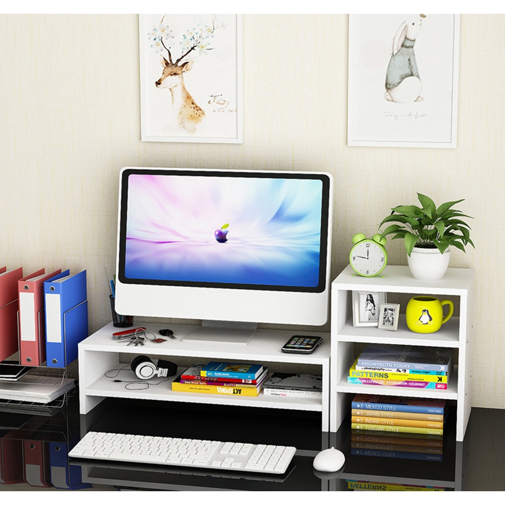 Kệ màn hình máy tính 2 tầng có ngăn tủ phụ bên cạnh bằng gỗ MDF chống mối mọt | BigBuy360 - bigbuy360.vn
