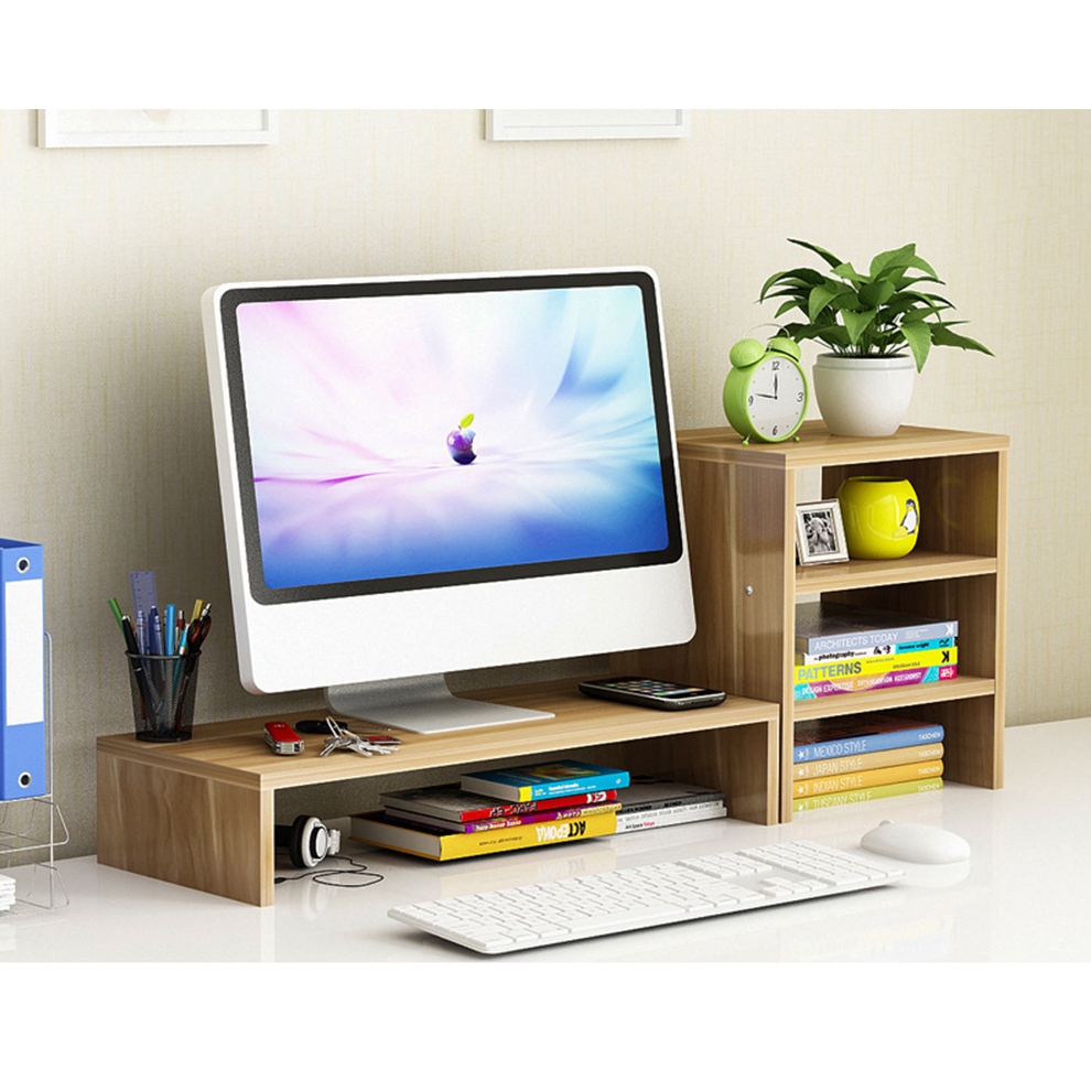 Kệ màn hình máy tính 2 tầng có ngăn tủ phụ bên cạnh bằng gỗ MDF chống mối mọt | BigBuy360 - bigbuy360.vn
