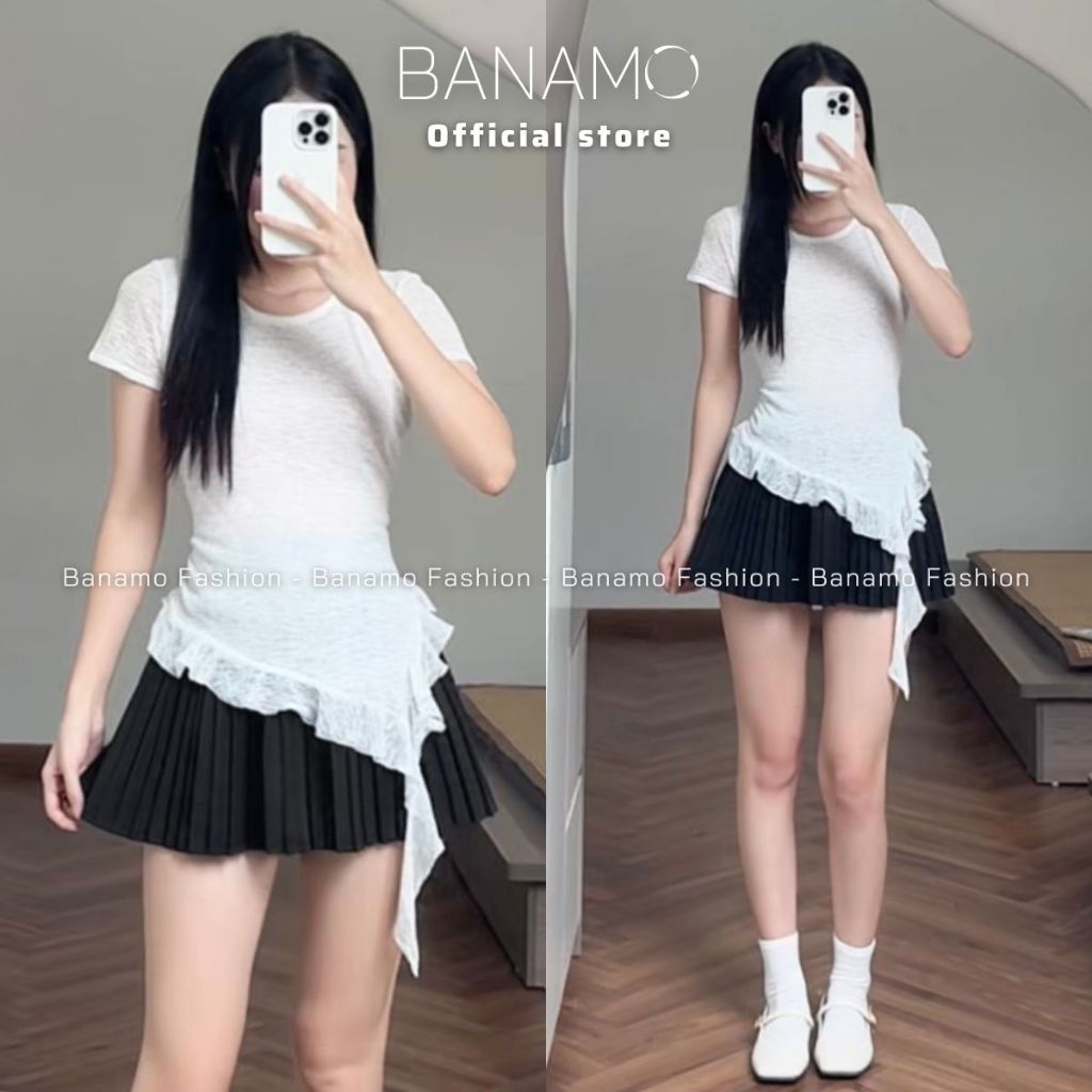 Áo thun nữ thiết kế BIGSIZE Banamo Fashion áo thun cộc tay nhún eo vạt chéo phối bèo mềm mại tôn dáng 3018 | BigBuy360 - bigbuy360.vn