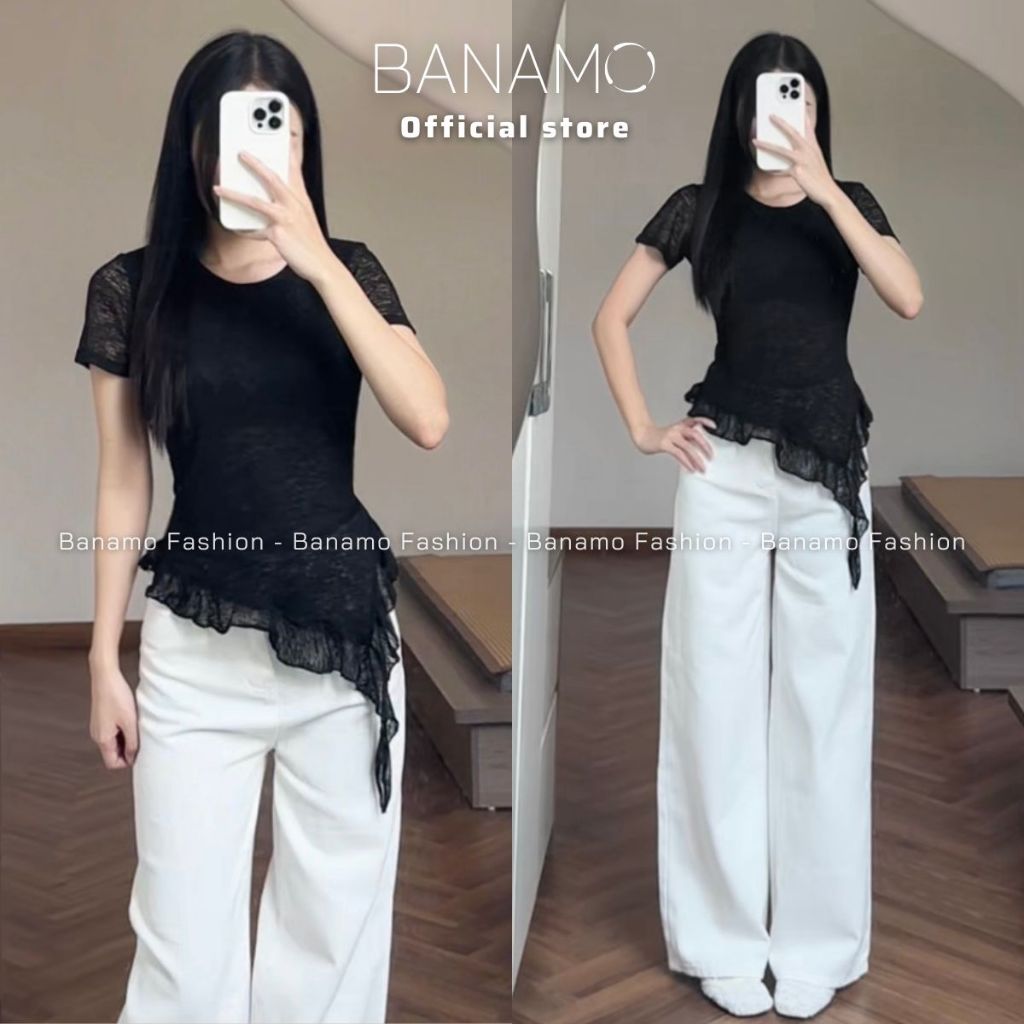 Áo thun nữ thiết kế BIGSIZE Banamo Fashion áo thun cộc tay nhún eo vạt chéo phối bèo mềm mại tôn dáng 3018 | BigBuy360 - bigbuy360.vn
