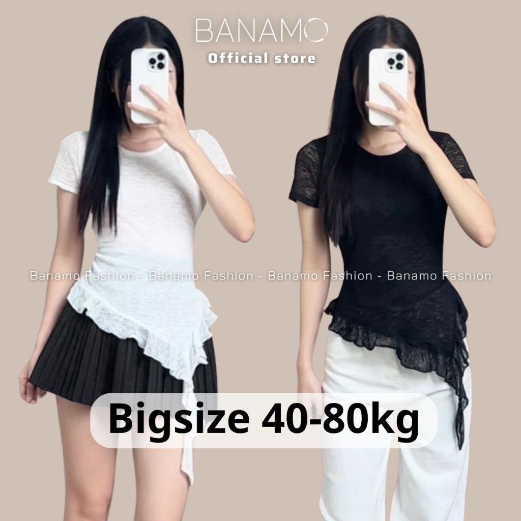 Áo thun nữ thiết kế BIGSIZE Banamo Fashion áo thun cộc tay nhún eo vạt chéo phối bèo mềm mại tôn dáng 3018 | BigBuy360 - bigbuy360.vn