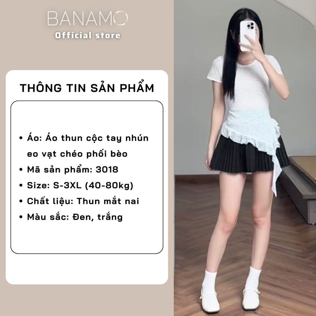 Áo thun nữ thiết kế BIGSIZE Banamo Fashion áo thun cộc tay nhún eo vạt chéo phối bèo mềm mại tôn dáng 3018 | BigBuy360 - bigbuy360.vn