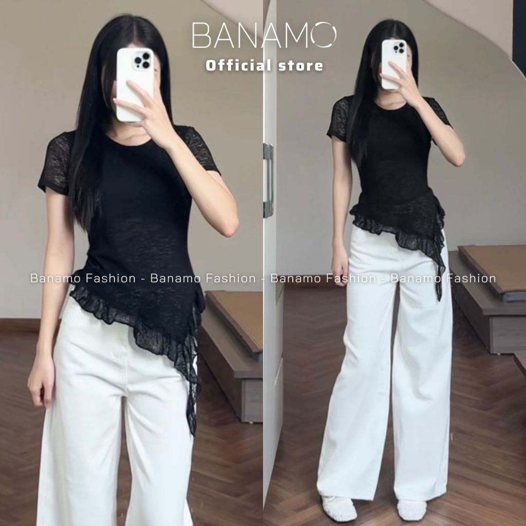 Áo thun nữ thiết kế BIGSIZE Banamo Fashion áo thun cộc tay nhún eo vạt chéo phối bèo mềm mại tôn dáng 3018 | BigBuy360 - bigbuy360.vn