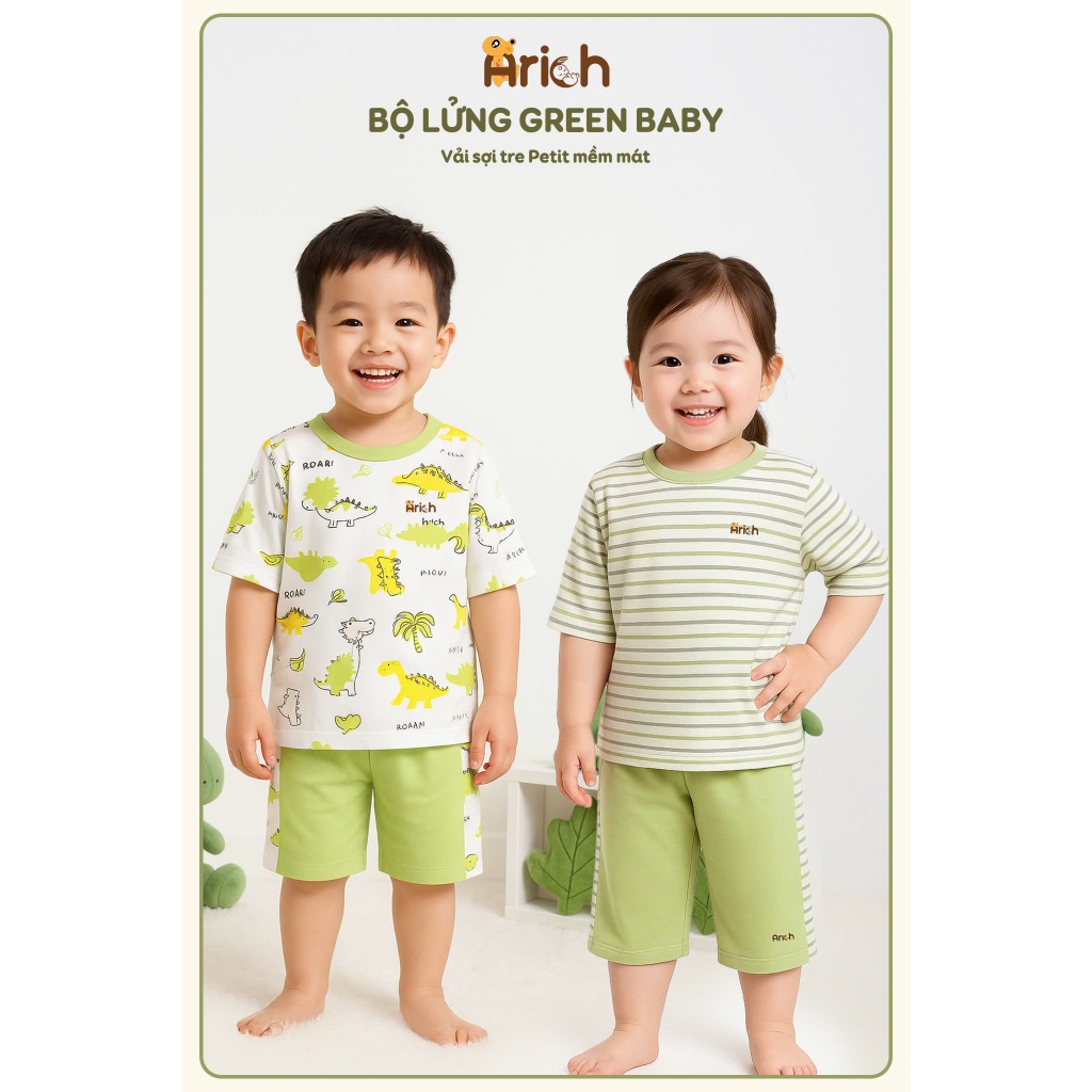 Bộ lửng Arich Green Baby, petit sợi tre, đồ bộ bé trai, bé gái size từ 9 tháng đến 6 tuổi