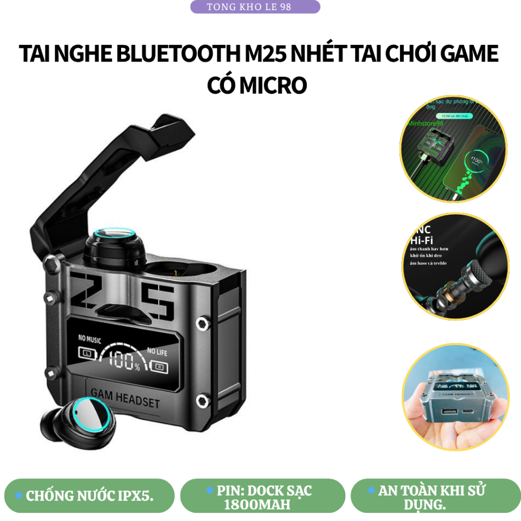[M25] Tai Nghe Bluetooth Không Dây  M25 Bluetooth 5.3 Âm Bass Mạnh Mẽ Có Màn Hình Led Kiêm Sạc Dự Ph