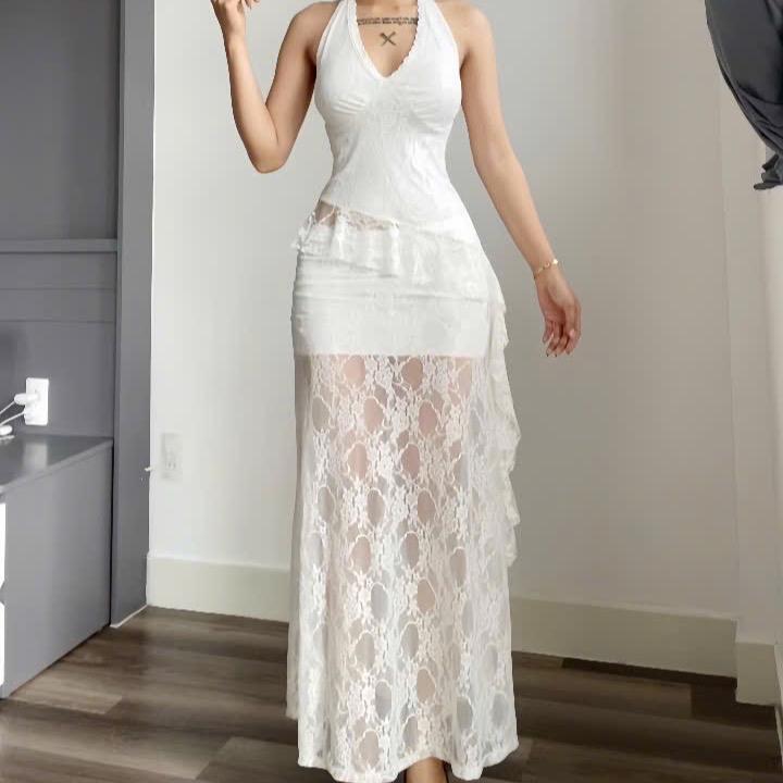Set đầm nữ ren hoa áo cổ yếm tua rua kèm chân váy đuôi cá sang chảnh Lolystore dress women VA503 | BigBuy360 - bigbuy360.vn