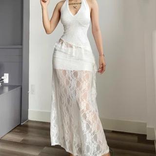 Set đầm nữ ren hoa áo cổ yếm tua rua kèm chân váy đuôi cá sang chảnh Lolystore dress women VA503