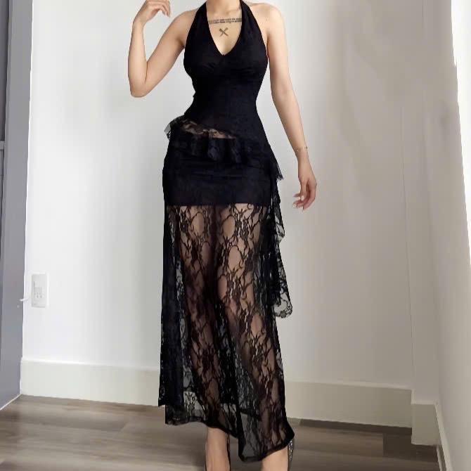 Set đầm nữ ren hoa áo cổ yếm tua rua kèm chân váy đuôi cá sang chảnh Lolystore dress women VA503 | BigBuy360 - bigbuy360.vn