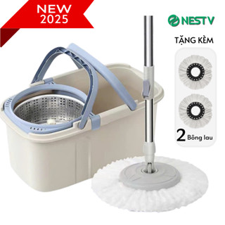Bộ cây lau nhà 2 QUAI XÁCH, chổi lau 360 độ tự vắt, kèm thùng có bánh xe [KÈM 2 BÔNG LAU]