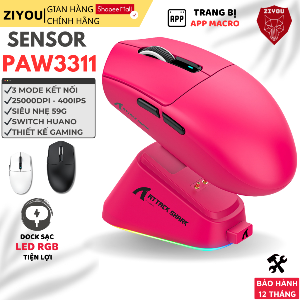 Chuột Gaming Không Dây Ziyou Attack Shark G3 Pro 3 Mode Cảm Biến PAW3311 Đế Sạc LED RGB Switch Huano