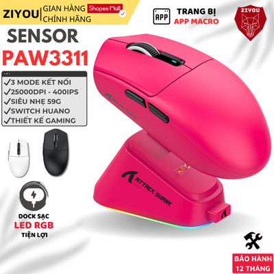 Chuột Gaming Không Dây Ziyou Attack Shark G3 Pro 3 Mode Cảm Biến PAW3311 Đế Sạc LED RGB Switch Huano