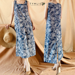 Đầm Sát Nách Chất Linen Kiểu Dáng Midi Họa Tiết Hoa Lá Navy D428 TYMLIC
