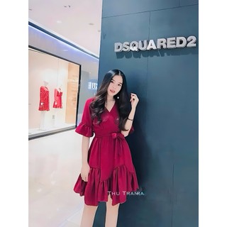 Đầm đỏ xoè nữ tay lỡ thắt nơ eo dáng xinh, váy dự tiệc đi chơi, công sở - THANH LÝ