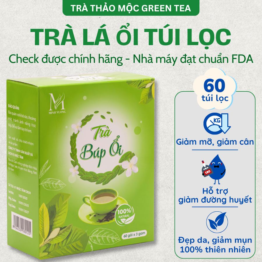 Trà Lá Ổi Green Tea Hộp 60 Túi Lọc Hỗ Trợ Giảm Cân, Trà Búp Ổi Giảm Đường Huyết, Cải Thiện Tiêu Hóa