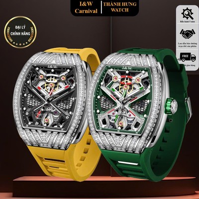 Đồng hồ nam chính hãng I&W Carnival 760G-S4 Kính chống xước,Chống nước 50m,máy cơ,dây cao su đen,lộ cơ toàn mặt độc lạ