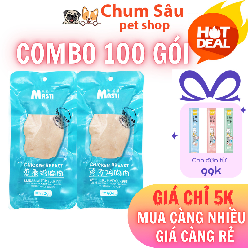 Combo 100 gói Ức Gà Hấp Ức Gà Masti Cho Chó Mèo 40g