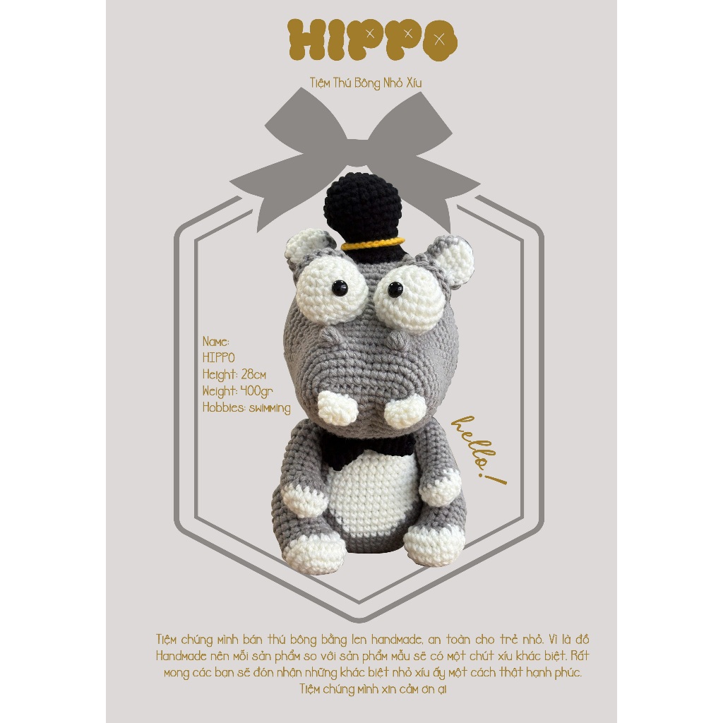 Thú bông len handmade - Hà Mã - Sản phẩm bằng len nhồi bông