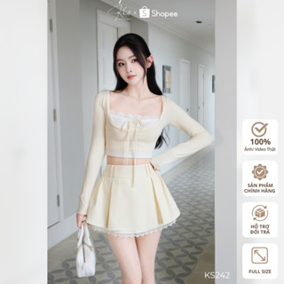 Set Khiết Style gồm áo thun croptop tay dài vàng kem và chân váy ngắn xòe phối ren năng động KS242