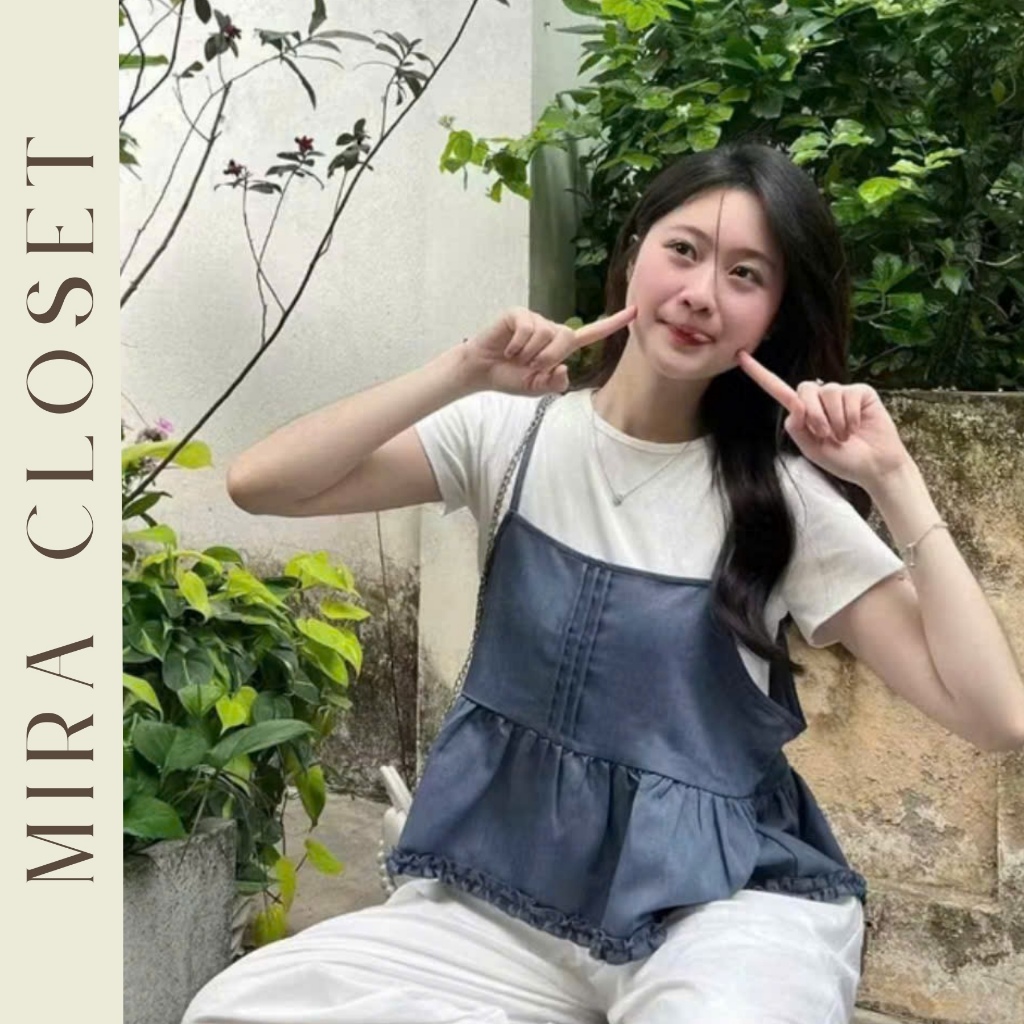 Set Layer Nữ – Áo Thun Cộc Tay Trơn Phối Áo Hai Dây Xếp Ly Bèo Nữ Tính T53