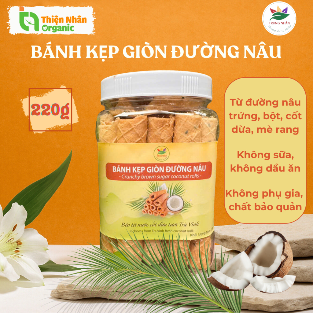 HSD 4 Tháng 26.02.26 - Bánh Kẹp Giòn Đường Nâu Trung Nhân Ăn Vặt Crunchy Coconut Rolls 220g