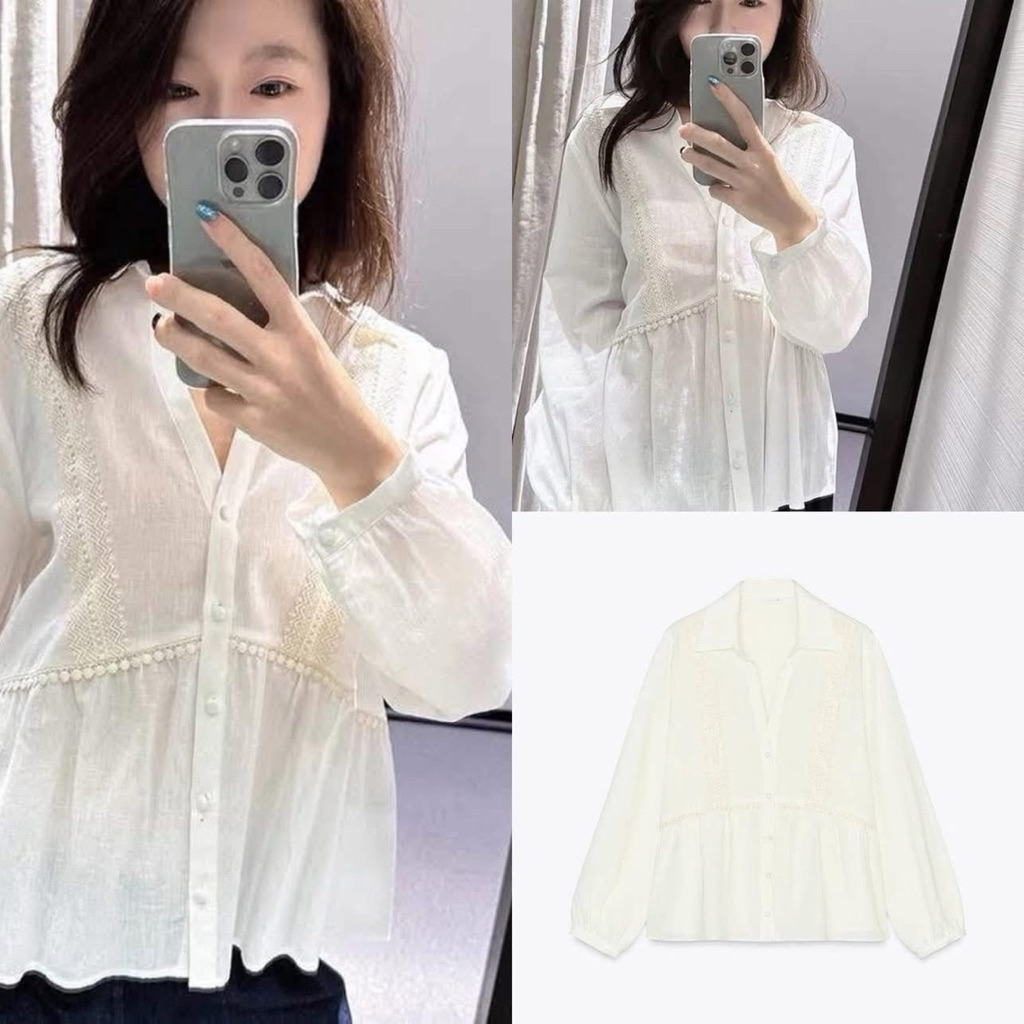 áo sơ mi trắng kem dáng babydoll zara authentic
