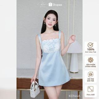 Đầm tafta xanh dương/hồng phấn phối ren hoa 3D Khiết Style đính viền cổ đá lấp lánh KD144A và KD144