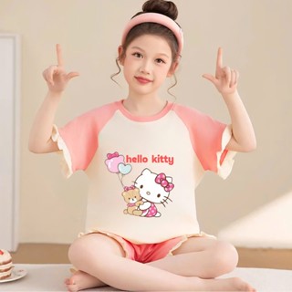 2-15 TUỔI Bộ đồ ngủ bé gái áo cộc tay in hình mèo HELLO KITTY dễ thương chất vải cotton mềm mịn.M34
