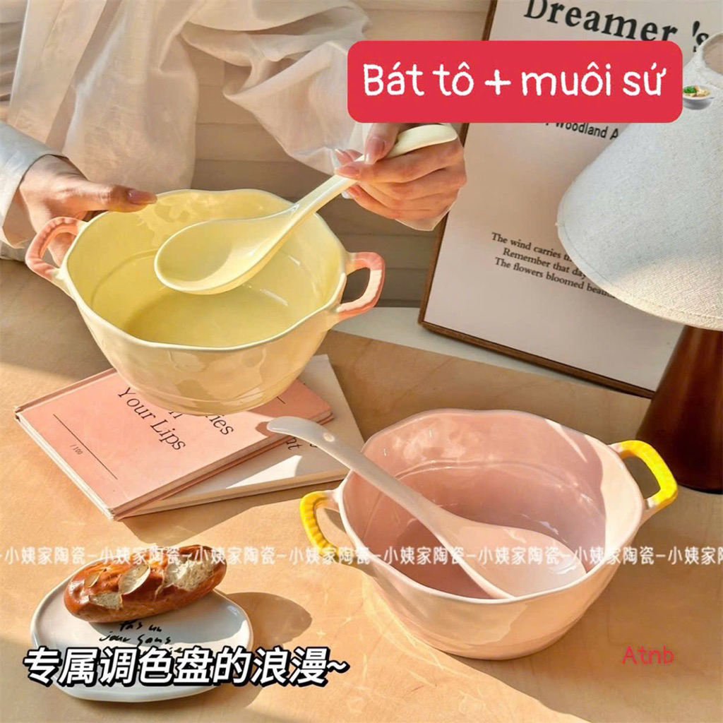 Bát Tô Sứ Kèm Muôi Múc Canh Màu Pastel Siêu Xinh
