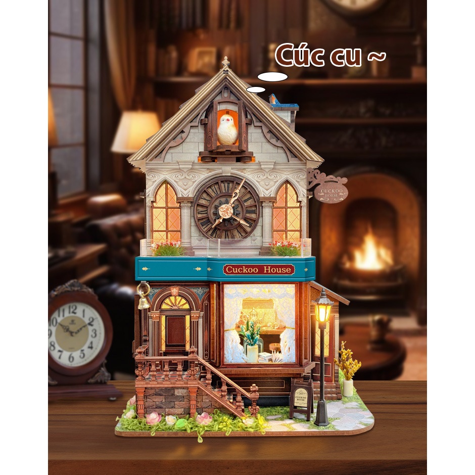Mô Hình lắp ráp gỗ Đồng Hồ Gỗ Cuckoo Clock House DIY 3D Có Đèn, Nhạc và Chuyển Động