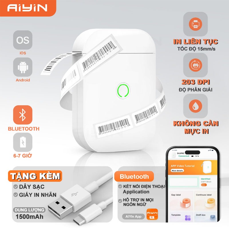 Máy In Nhiệt Mini Cầm Tay AYIN Bluetooth D11S, In Hình Cho Bé, In Sticker, Barcode, Mã Vạch, Note