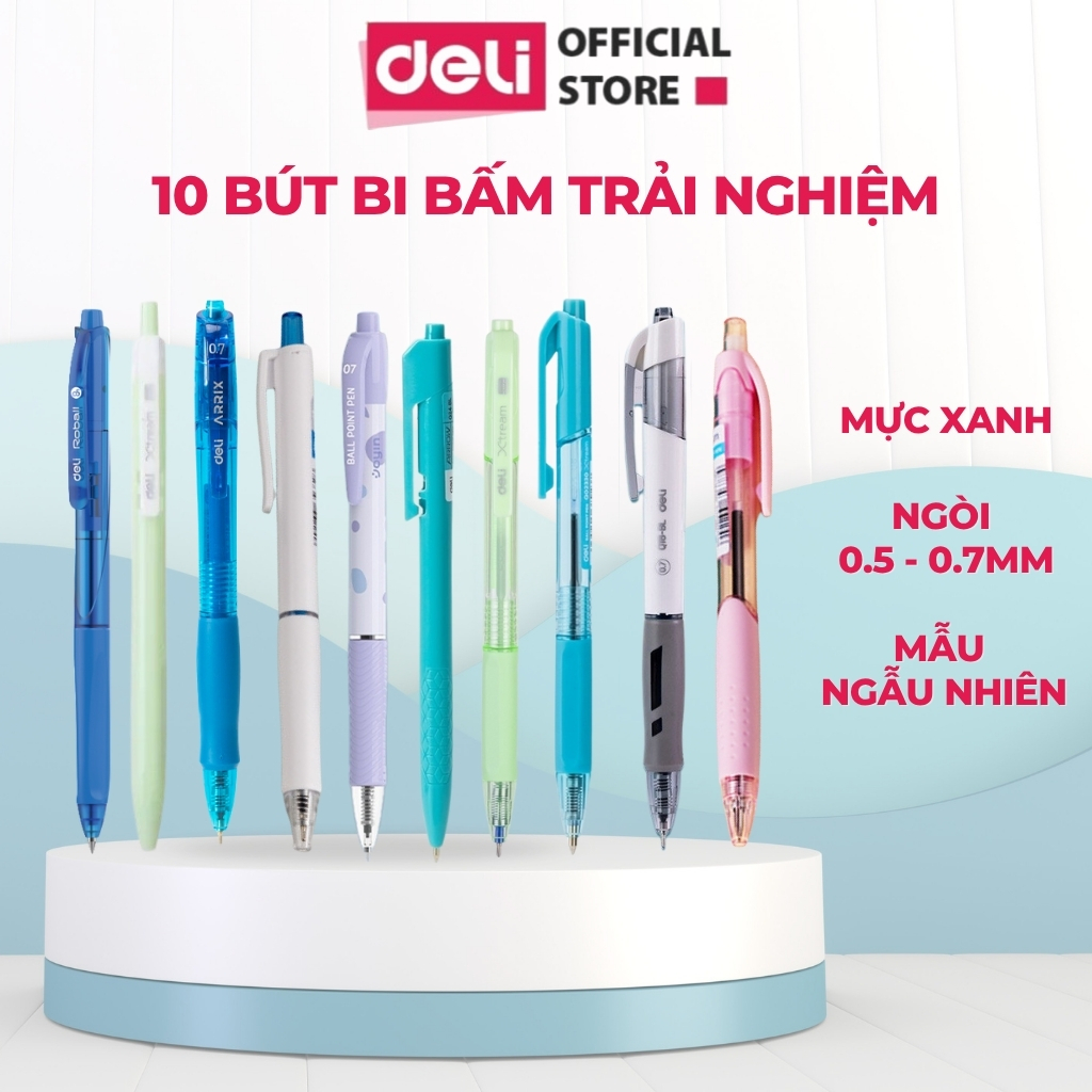 Combo 10 Bút Bi Bấm Deli Ngẫu Nhiên Trải Nghiệm Mực Xanh Ngòi 0.5mm/0.7mm Viết Mượt – Bấm Êm – Chuẩn Trend