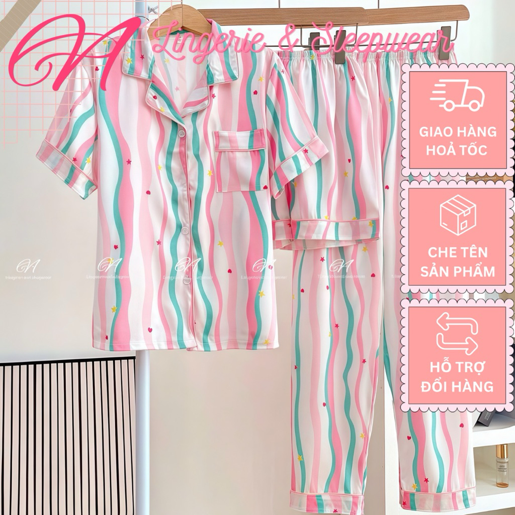 [Hoả Tốc HCM] Set pijama 3 món lụa xước sọc hồng xanh (Áo tay ngắn + quần ngắn + quần dài)