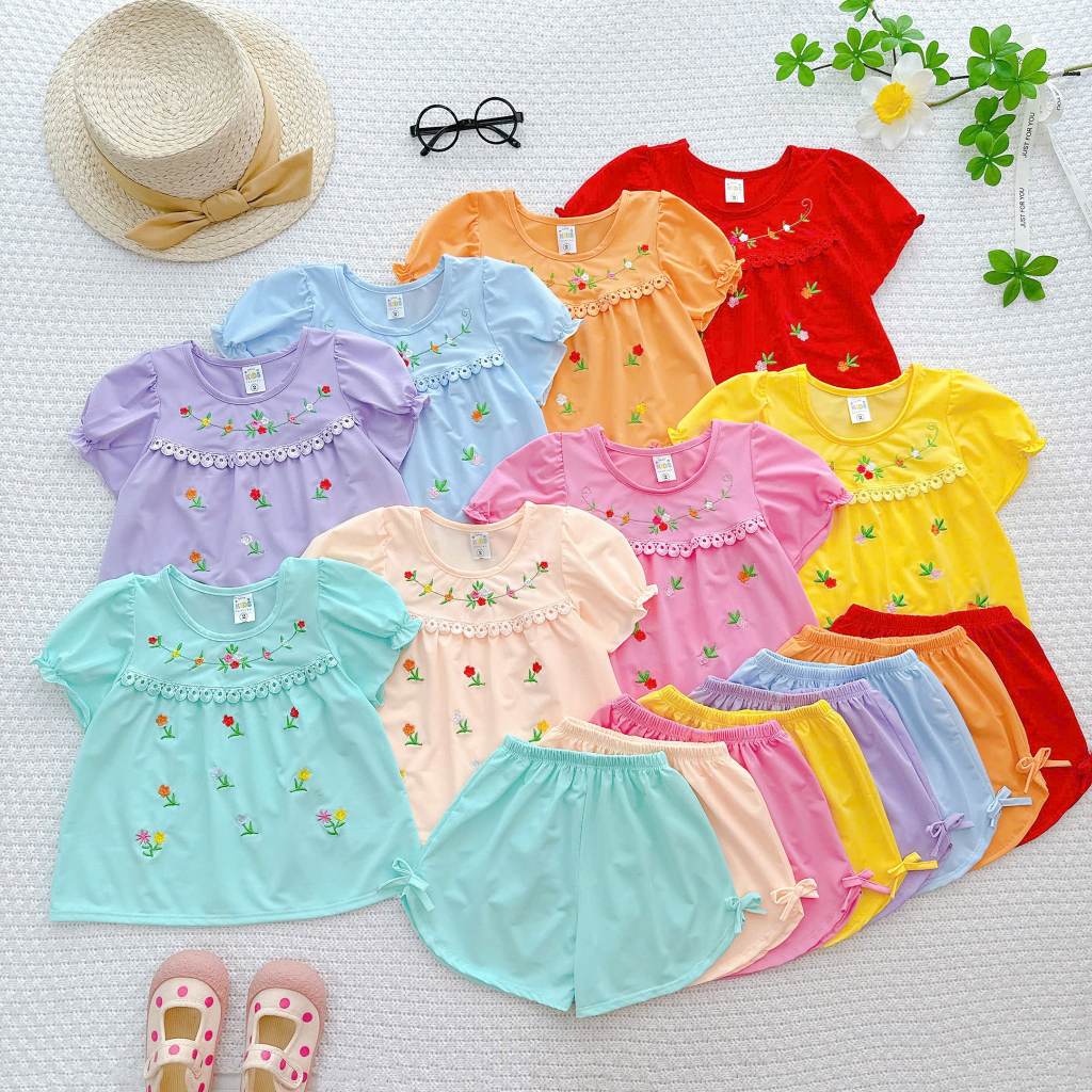 Đồ bộ bé gái thun lạnh tay ngắn thêu hoa Lavin Kids 6-22kg siêu mát, co giãn 4 chiều, hàng loại 1