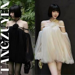 Váy tiểu thư trễ vai đan dây cổ yếm đính hoa tay dài bồng dáng ngắn kèm quần trong bảo hộ Đầm bánh bèo đen trắng T660G