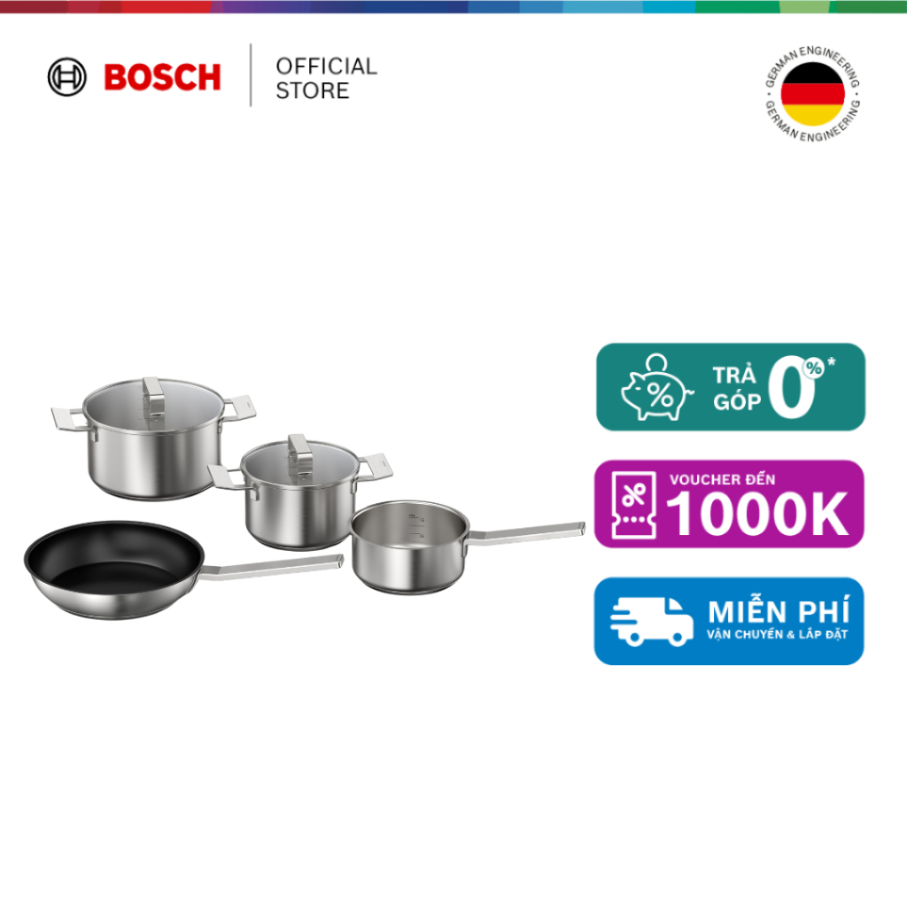 15.07 - 19.07 | Voucher Shopee lên đến 3tr | Bộ xoong nồi Bosch HEZ9SE040 (3 nồi & 1 chảo) - Hàng ch
