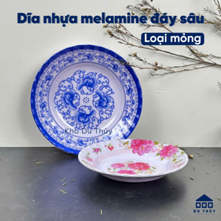  Dĩa nhựa melamine đáy sâu hoa văn màu xanh màu hồng nhựa phíp meca loại MỎNG bình dân 
