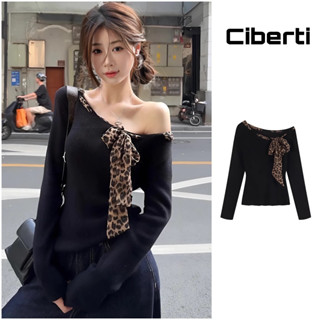 (Xả Kho) Áo len tăm dài tay lệnh vai buộc nơ da báo nữ phong cách retro