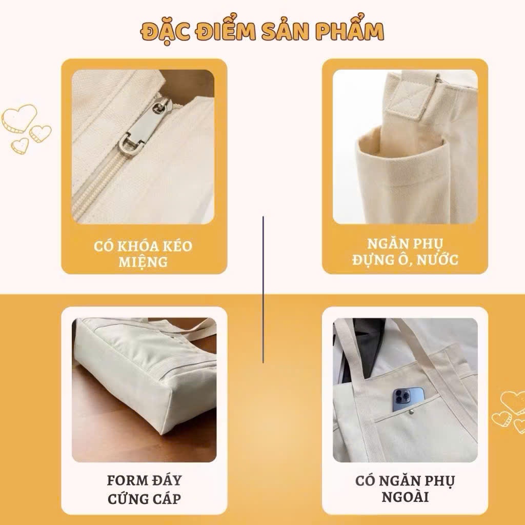 Túi tote túi vải canvas có ngăn phụ túi đeo vai đi học đi chơi thời trang Hàn Quốc đựng vừa khổ A4 cho học sinh-03 | BigBuy360 - bigbuy360.vn