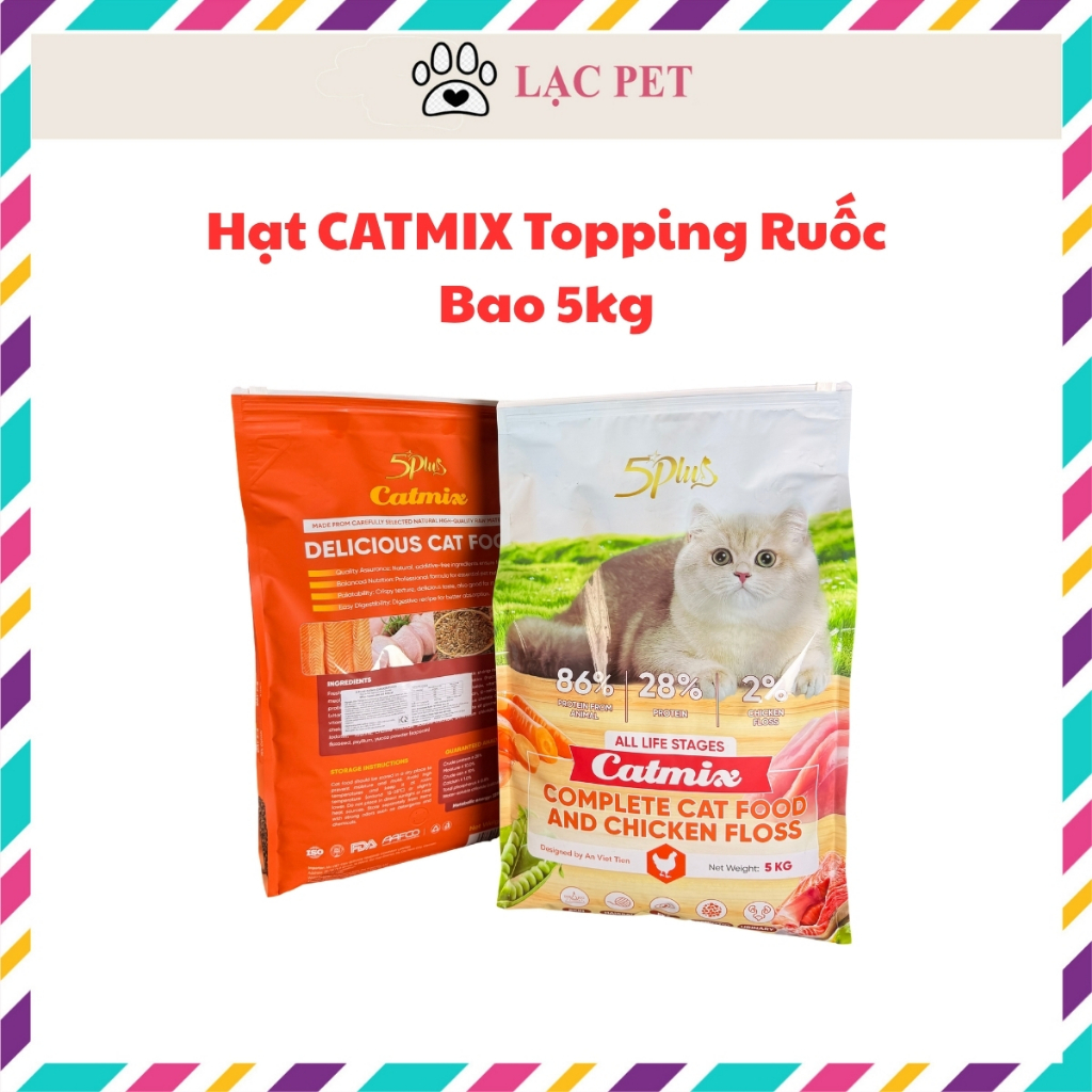 Hạt mèo 5Plus CATMIX Bao 5KG - ruốc gà sấy khô thơm lừng, mèo nào cũng mê